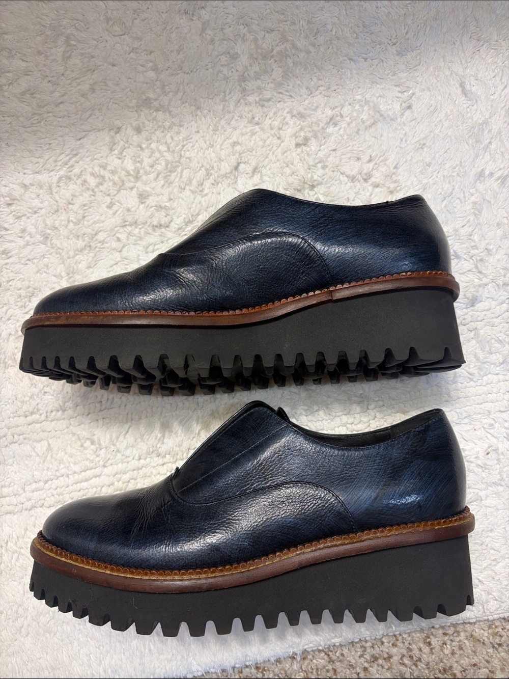 Cordani Blue  Patent Platform Lug Sole Loafer with Brown Welt